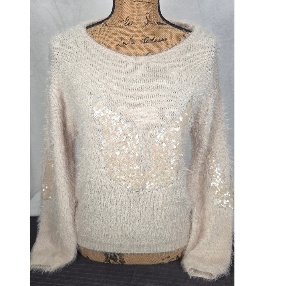 Angel Wing Sequin Eyelash Knit Sweater Womens S Beige Y2K 2000s